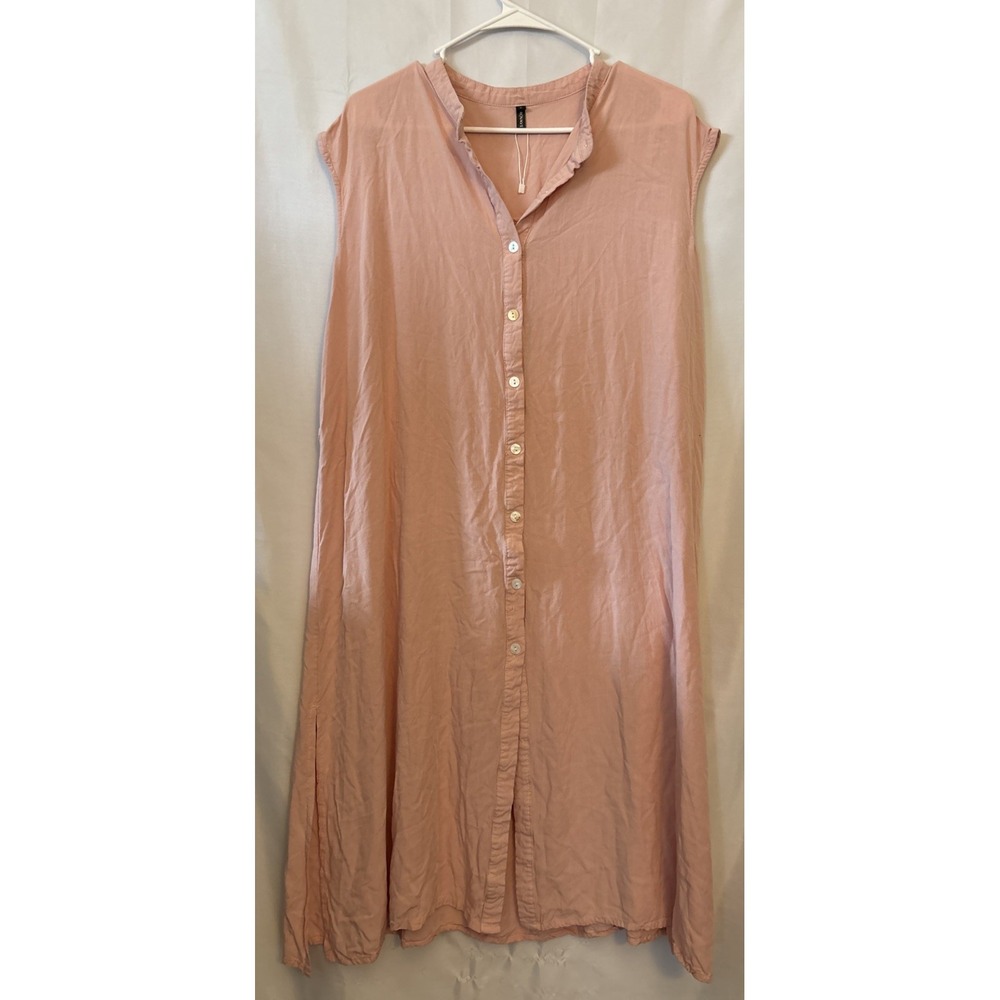 Women's‎ Peach-pink Sleeveless Button-Up Sheath Shirt Dress Coastal Beachy L